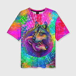 Футболка оверсайз женская Цветные волк с волчицей, цвет: 3D-принт