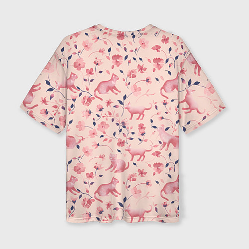 Женская футболка оверсайз Розовый паттерн с цветами и котиками / 3D-принт – фото 2