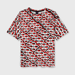 Женская футболка оверсайз Красно-белый узор на чёрном фоне