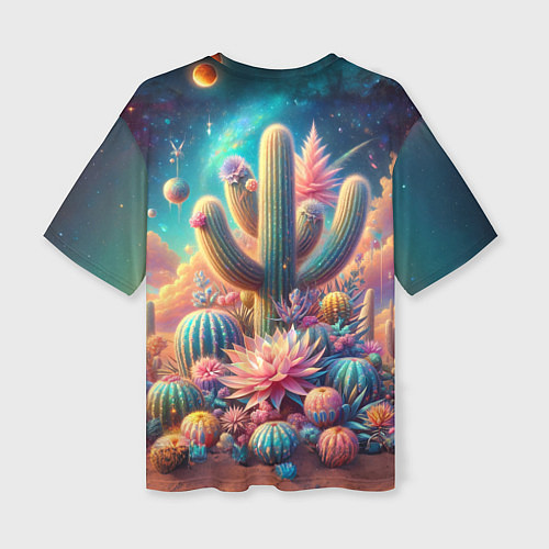 Женская футболка оверсайз Кактусы цветущие под космическим небом / 3D-принт – фото 2