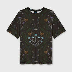 Женская футболка оверсайз Волшебный лес, грибы, улитки и мотыльки - паттерн
