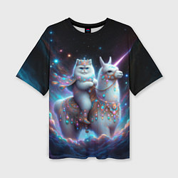 Женская футболка оверсайз Персидский кот верхом на альпаке