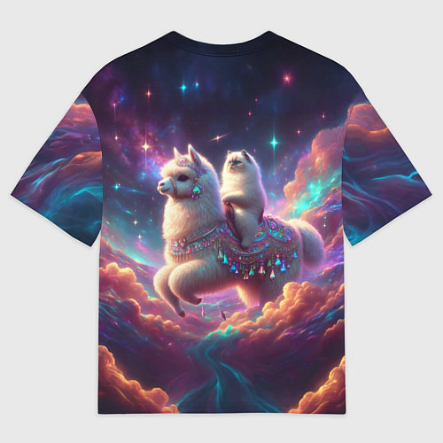 Женская футболка оверсайз Космос и кот едет верхом на альпаке / 3D-принт – фото 2