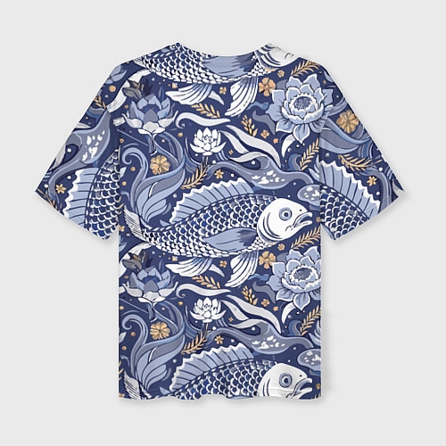 Женская футболка оверсайз Рыба карп - синий корейский узор / 3D-принт – фото 2
