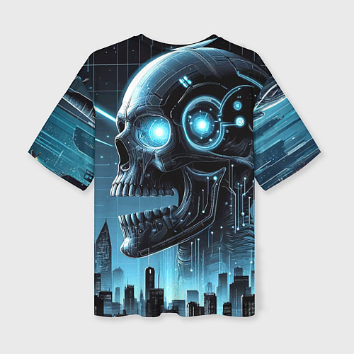 Женская футболка оверсайз Cyberpunk skull - metropolis neon glow / 3D-принт – фото 2