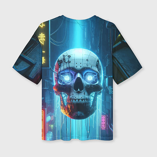 Женская футболка оверсайз Cyber skull - neon glow ai art / 3D-принт – фото 2