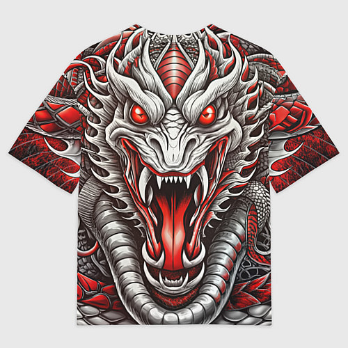 Женская футболка оверсайз Крупная морда змеи красно-белая / 3D-принт – фото 2
