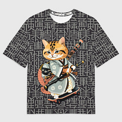 Футболка оверсайз женская Котенок самурай на скейтборде, цвет: 3D-принт