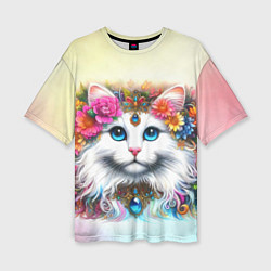Женская футболка оверсайз Белый кот с голубыми глазами в цветах