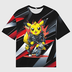 Женская футболка оверсайз Пикачу байкер на мотоцикле