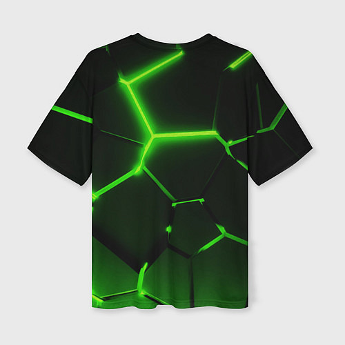 Женская футболка оверсайз Темные зеленые неоновые плиты в разломе / 3D-принт – фото 2