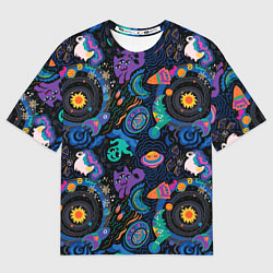 Футболка оверсайз женская Мультяшные персонажи в космосе: единорог, кот, дин, цвет: 3D-принт