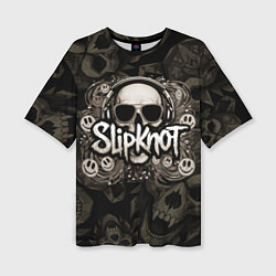 Женская футболка оверсайз Slipknot на фоне черепа в очках и наушниках