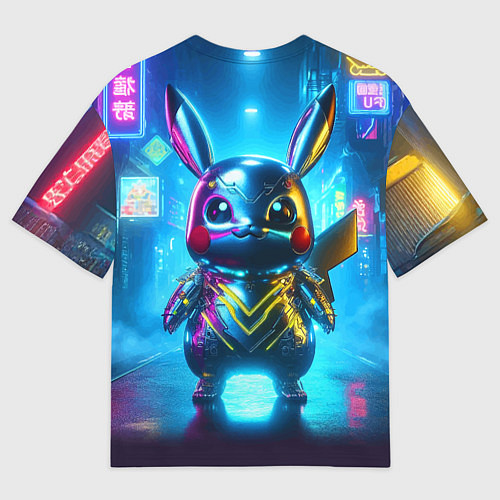 Женская футболка оверсайз Neon cyber Pikachu made of metal steel - ai art / 3D-принт – фото 2