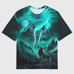 Женская футболка оверсайз Волки воют на луну и северное сияние
