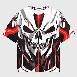 Женская футболка оверсайз Белый череп и красные полосы на чёрном фоне