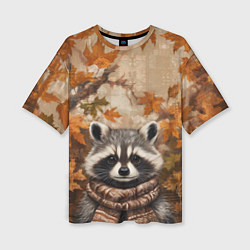 Футболка оверсайз женская Осенний енот в шарфе, цвет: 3D-принт