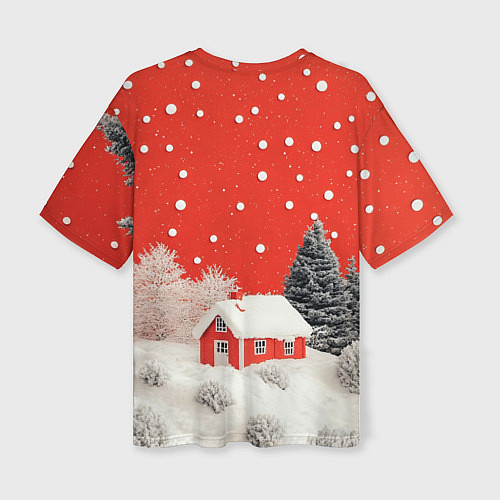 Женская футболка оверсайз Новогодний домик и красное небо / 3D-принт – фото 2