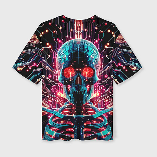 Женская футболка оверсайз Neon cyber skull - ai art fantasy / 3D-принт – фото 2