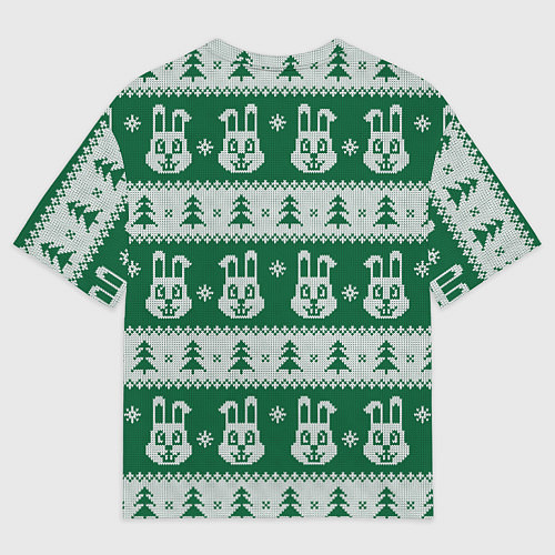 Женская футболка оверсайз Вязаный зимний узор с зайцами и ёлками / 3D-принт – фото 2