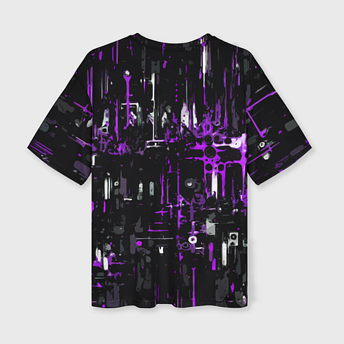 Женская футболка оверсайз Бело-фиолетовая тревожная абстракция на чёрном фон / 3D-принт – фото 2