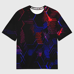 Футболка оверсайз женская Красно-синие точки и линии на чёрном фоне, цвет: 3D-принт