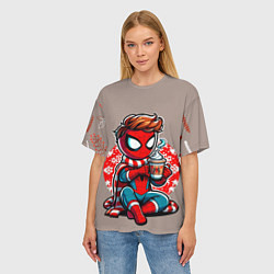 Футболка оверсайз женская Новогодний человек-паук с горячим шоколадом, цвет: 3D-принт — фото 2