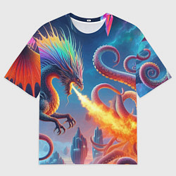 Женская футболка оверсайз Огнедышащий дракон против осьминога - нейроарт фан