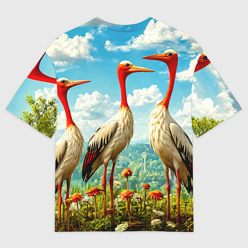 Женская футболка оверсайз Аисты в горах / 3D-принт – фото 2