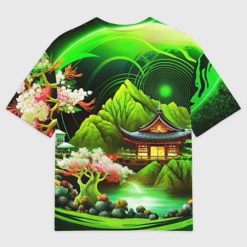 Женская футболка оверсайз Природа Японии в зеленых цветах / 3D-принт – фото 2