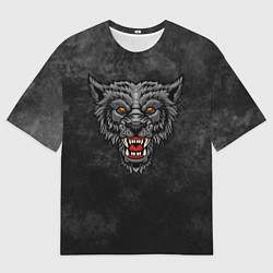 Женская футболка оверсайз Агрессивный волк на темном фоне