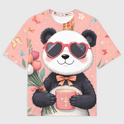 Женская футболка оверсайз Панда с поздравлениями и с цветами