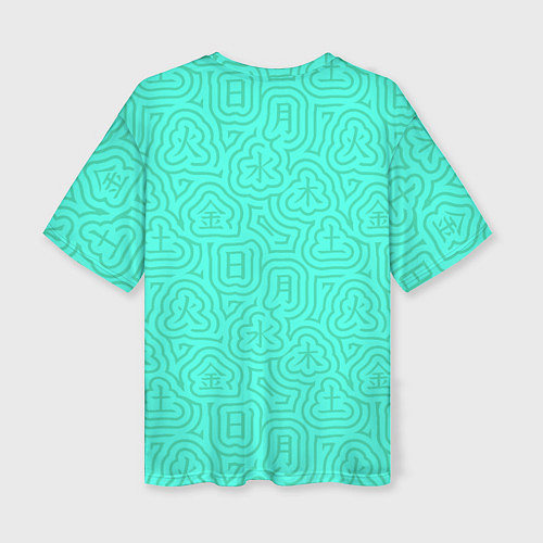 Женская футболка оверсайз Лабиринтовый паттерн с иероглифами на бирюзе / 3D-принт – фото 2