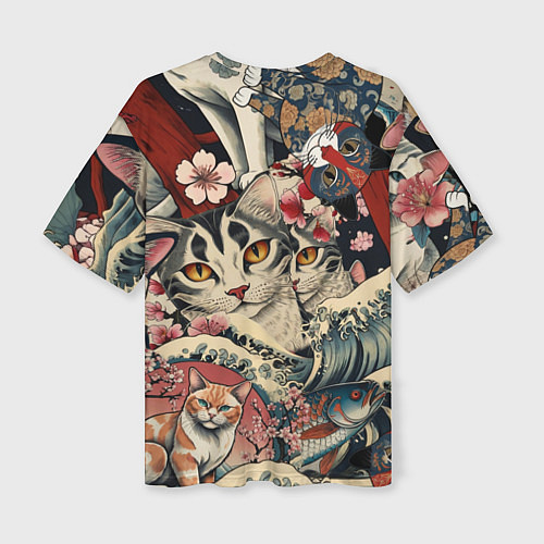 Женская футболка оверсайз Котики и рыбки в сакуре / 3D-принт – фото 2