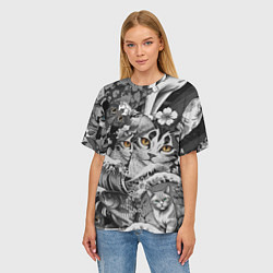 Футболка оверсайз женская С котами и рыбой на фоне сакуры в волнах, цвет: 3D-принт — фото 2