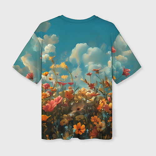 Женская футболка оверсайз Лисица в цветочном поле / 3D-принт – фото 2