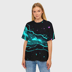 Футболка оверсайз женская Голубые неоновые волны текстура, цвет: 3D-принт — фото 2