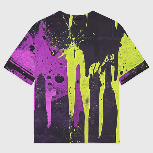 Женская футболка оверсайз Желтая и фиолетовая краска на черном / 3D-принт – фото 2