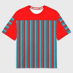 Женская футболка оверсайз Красно синий комбинированный узор с полосами