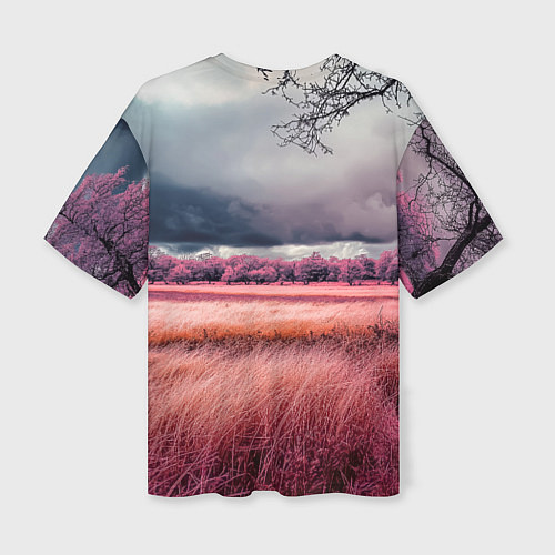 Женская футболка оверсайз Поле и деревья пейзаж - инфракрасный стиль / 3D-принт – фото 2
