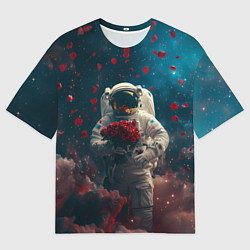 Женская футболка оверсайз Космонавт с букетом роз