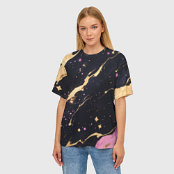 Футболка оверсайз женская Золотые и розовые мазки на черной текстуре, цвет: 3D-принт — фото 2