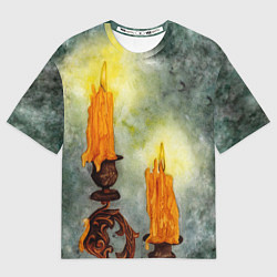 Женская футболка оверсайз Две горящие свечи в темноте