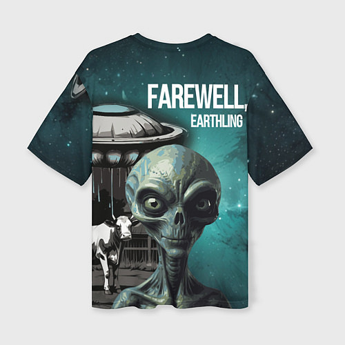 Женская футболка оверсайз Инопланетянин на фоне космоса и летающей тарелки / 3D-принт – фото 2