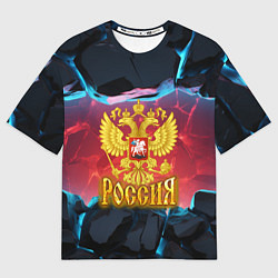 Футболка оверсайз женская Герб России и неоновые разломы, цвет: 3D-принт