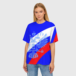 Футболка оверсайз женская Герб России на фоне триколора синий, цвет: 3D-принт — фото 2