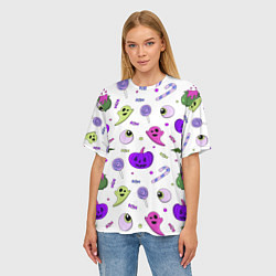 Футболка оверсайз женская Halloween purple pumpkin pattern, цвет: 3D-принт — фото 2