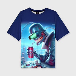 Женская футболка оверсайз Кибер Бендер пьёт лимонад - неоновое свечение