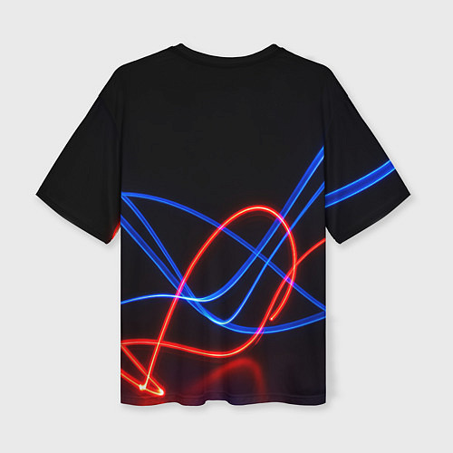 Женская футболка оверсайз Красно синие неоновые линии на черном фоне / 3D-принт – фото 2