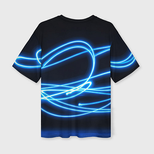 Женская футболка оверсайз Неоновые голубые волны на черном фоне / 3D-принт – фото 2